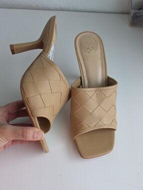 Vince Camuto Tan Woven Leather Open-Toe Mule Heels 8.5